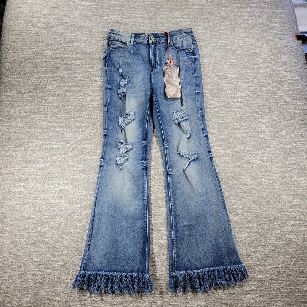 Elite Jeans Juniors 11/12 Flare Denim Distressed Fringe Hem Y2K Deadstock NWT - Picture 5 of 14